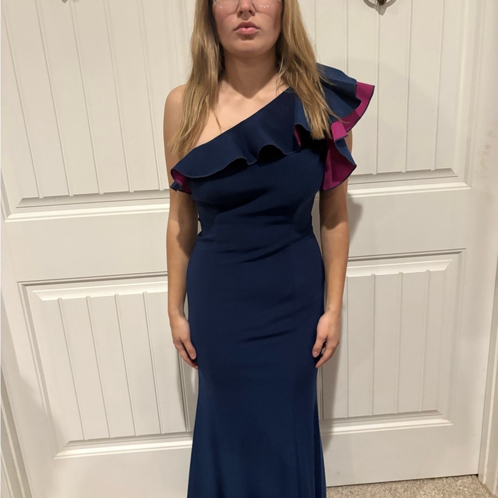 One-Shoulder Navy Blue Ruffle Evening Dress